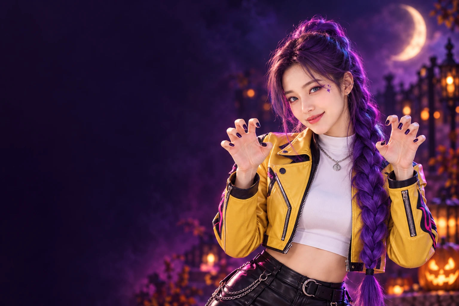 Halloween model with a purple braid, yellow jacket and playful hand gesture